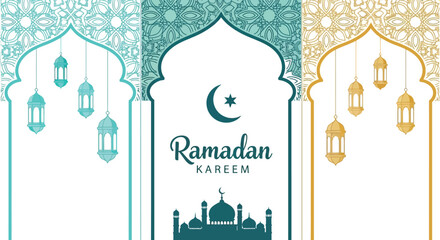 Ramadan kareem greeting card with lanterns and mosque silhouette © Raselio