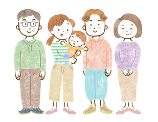 三世代家族のイラスト/赤ちゃんを抱っこするママとパパと祖父母
