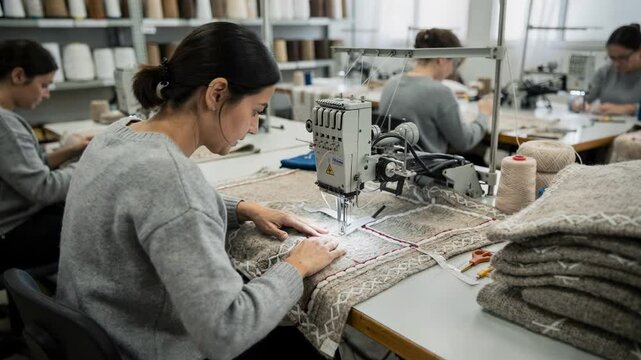 Medium shot showing artisans creating exposed seams on knitted panels at a specialized linking and seaming station highlighting detailed craftsmanship and textile texture.