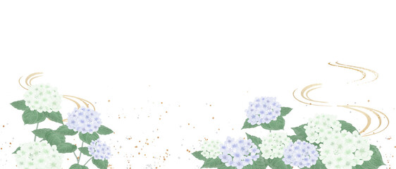 Watercolor Hydrangea and Gold Stream Japanese Frame: Elegant Rainy Season Banner-300dpi-