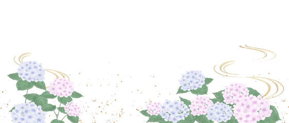 Watercolor Hydrangea and Gold Stream Japanese Frame: Elegant Rainy Season Banner-300dpi-