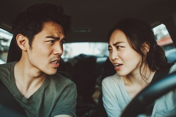 Fototapeta premium Couple arguing in a car while driving