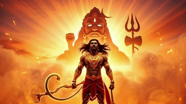 Hanuman divine warrior silhouette with shiva shadow trident and sunset sky for hindu religion devotion culture festival banner background poster and video use