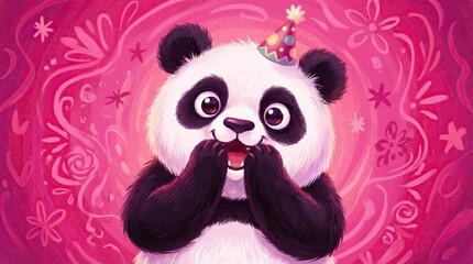 Fototapeta premium Shocked panda with big eyes on pink background concept. A cute panda celebrating with a colorful party hat and joyful expression.
