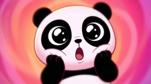 Shocked panda with big eyes on pink background concept. A cute cartoon panda expressing surprise and joy.