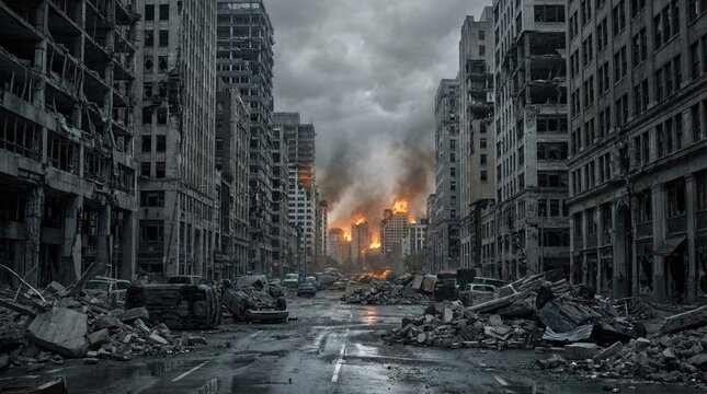 Empty city street with building ruins and dramatic explosion concept. A desolate urban landscape showcasing destruction and despair.