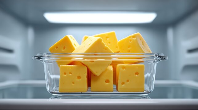 Transparent glass container with sealed lid holding neatly arranged yellow cheese blocks on a refrigerator shelf, illuminated by overhead light in a modern kitchen setting