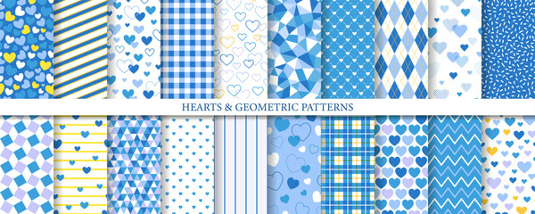 青のハートと幾何学模様のシームレスパターンセット