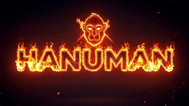 Hanuman hindu god fiery typography with glowing mace and divine flame aura for spiritual festival culture devotion branding and religious media background