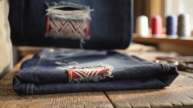 Artisan folded dark denim jeans featuring unique patterned sashiko repair patch resting on a rustic wooden workbench