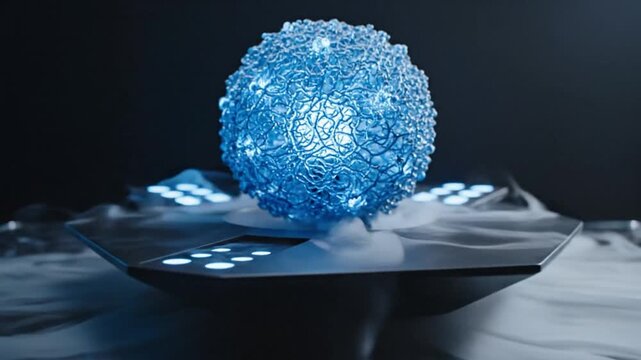 Luminous blue energy orb resting upon a futuristic pedestal surrounded by dramatic swirling dry ice vapor
