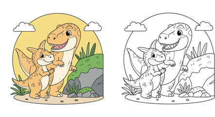Cute cartoon Tyrannosaurus Rex and Pterodactyl standing together in prehistoric nature © MstSangita