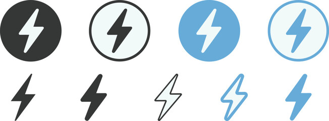Stylized lightning bolt vector icon set, circular and standalone silhouettes, black and blue electric symbol illustration, energy design artwork, power graphic