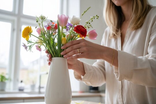 Frau arrangiert bunten Fr&uuml;hlingsstrau&szlig; mit Tulpen und Ranunkeln in wei&szlig;er Vase am Fenster