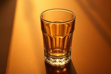 A clear ribbed glass with golden liquid sits on a warm surface illuminated by strong directional light casting shadows