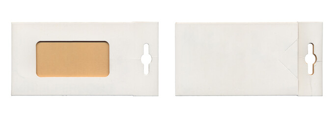 Set of white carton sleeve front and back views on white background