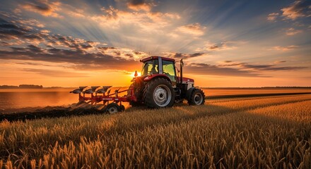 Obraz premium Tractor Plowing Wheat Field at Sunset