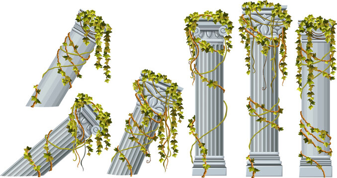 Set of gray columns with liana branches and tropical leaves. Isolated cartoon pillars for facade decorated ivy, creeper in style of provence. Vector objects for computer games.