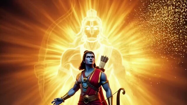 Ram divine archer with bow in radiant spiritual aura and glowing hanuman silhouette background for hindu festival celebration devotion branding and worship use