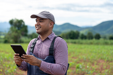 Fototapeta premium Confident farmer using tablet and modern technology while walking to inspect corn field quality embracing smart farming agriculture innovation and sustainable farm life.