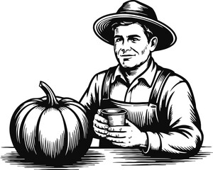 Farmer holding cup sitting beside large pumpkin in vintage black and white illustration