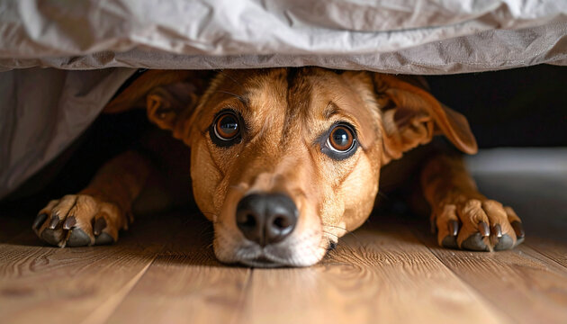 Perro asustado y triste escondido mostrando miedo y ansiedad, concepto de estr&eacute;s en mascotas, problemas de comportamiento en perros y trauma por ruido de cohetes o petardos