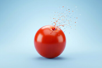 Microplastics Contamination In Fresh Red Tomato On Blue Background