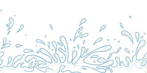 Naklejka premium Water splashes, puddles and drops, seamless border. Vector illustration. Waves and puddles isolated on a white background. Concept of summer, water Thai festival and sea travel. Not AI