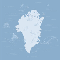 Greenland outline map with arctic landscape, wildlife, and traditional houses. Vector illustration. Arctic animals on ice. Whaling ships in the ocean. Polar bear, tit, and reindeer. © Elena