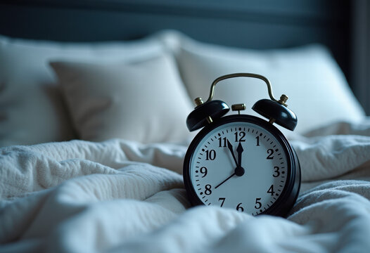 clock alarm on the bed at night with a blanket and pillow. concept of insomnia, sleep problems, regulating the daily routine, and mental health