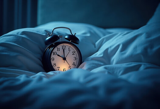 clock alarm on the bed at night with a blanket and pillow. concept of insomnia, sleep problems, regulating the daily routine, and mental health