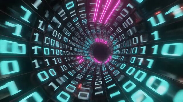 Vibrant digital tunnel with binary code streaming through futuristic neon-lit corridor