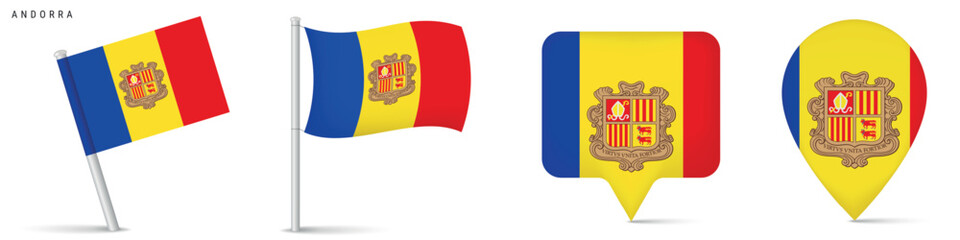 Obraz premium Set of Andorra flag illustrations including waving flags on flagpoles and location pin icons.