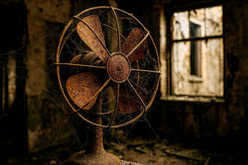 Obraz premium Extremely Detailed Close-up Photograph Featuring An Antique, Heavily Rusted Electric Desk Fan Completely Covered In Dusty, Intricate Cobwebs Signaling Neglect
