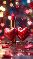 Romantic scene Red hearts, lipstick, bokeh lights, and rose petals on a reflective surface