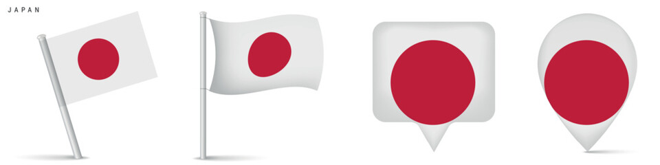 Japan flag set with map pins and waving flags