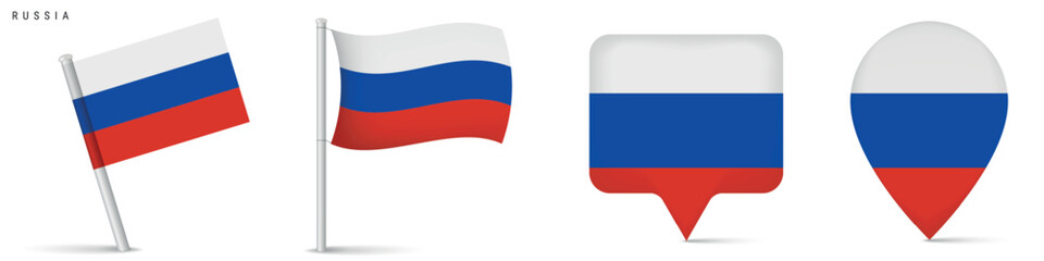 Obraz premium Set of realistic illustrations featuring the national flag of Russia, including waving flags on flagpoles and location pin icons. Isolated design for travel, geography and map concepts.