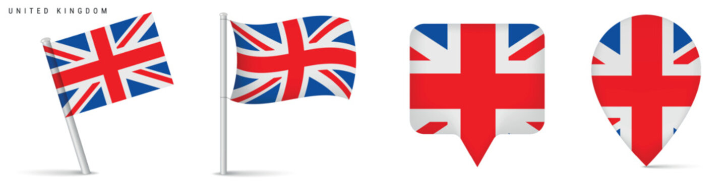 United Kingdom national flag collection including waving flags and map pin markers. Isolated vector style illustration for travel, location, navigation and geography projects.