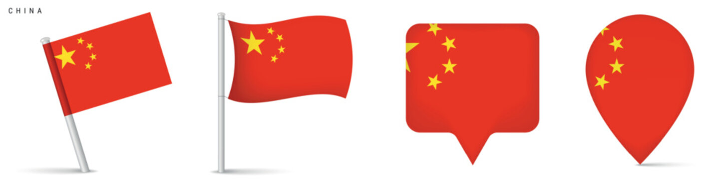 China national flag collection with waving flags and location map pin icons. Clean isolated design for travel, geography, navigation and country identity themes.