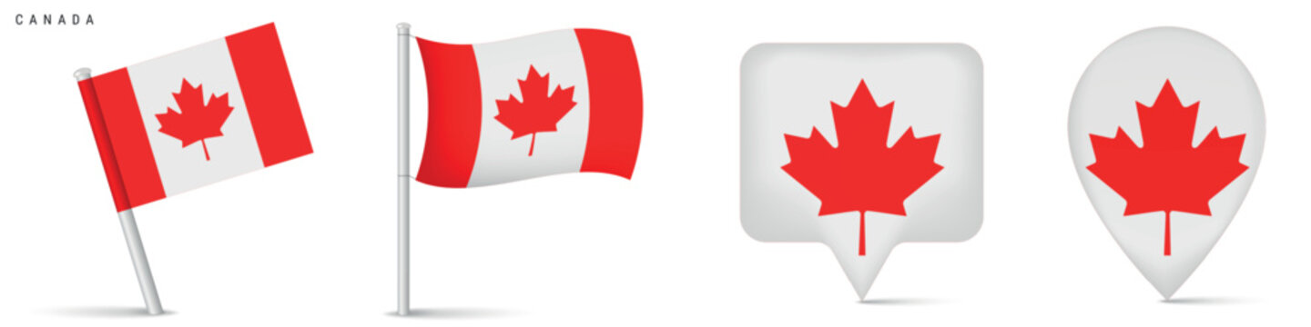 Canada flag set with location pins and waving flags