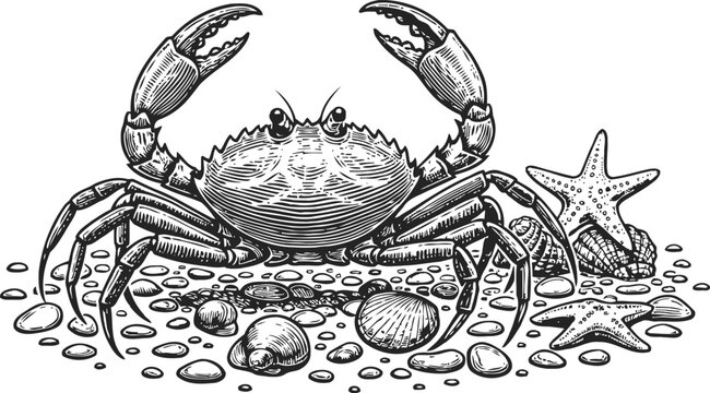 Detailed hand drawn crab with seashells and starfish on the sand illustration