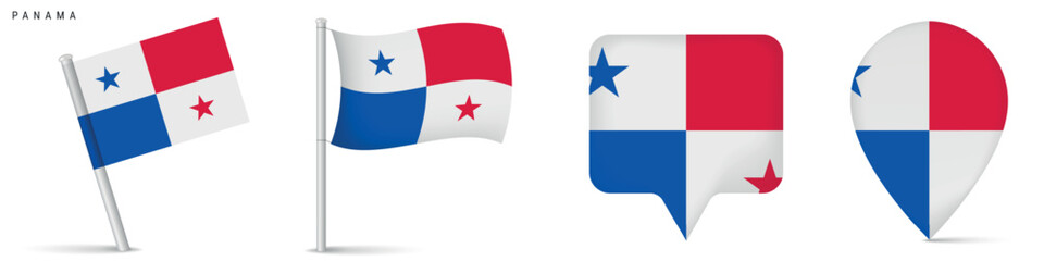 Panama flag set with map pin icons