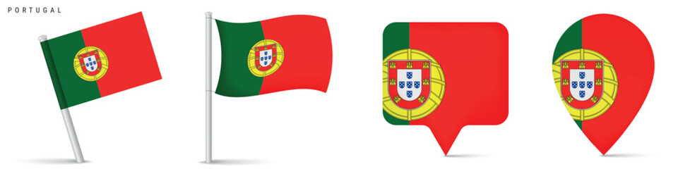 Obraz premium Portugal national flag icon set featuring waving flag and location map pins. Clean isolated design suitable for travel, geography, navigation and European country themes.