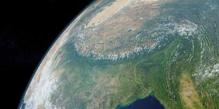 Himalayas mountains in earth planet. Aerial view. 3d render.