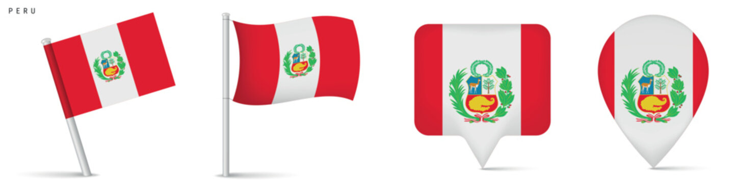 Peru flag set with map pin icons