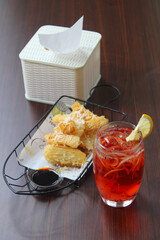 Fried Cassava with Cheese and Refreshing Red Syrup Ice Drink