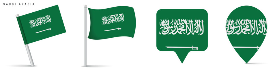 Set of Saudi Arabia national flag icons including waving flag and location map pins. Clean isolated design for travel, geography, navigation and Middle East concepts.