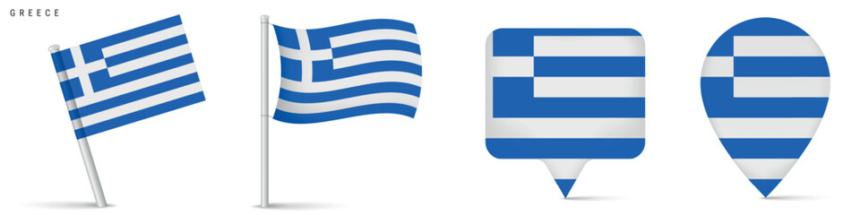 Greece flag set with map pin icons