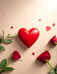 Romantic still life featuring a red heart, roses, and scattered heart confetti on a neutral background