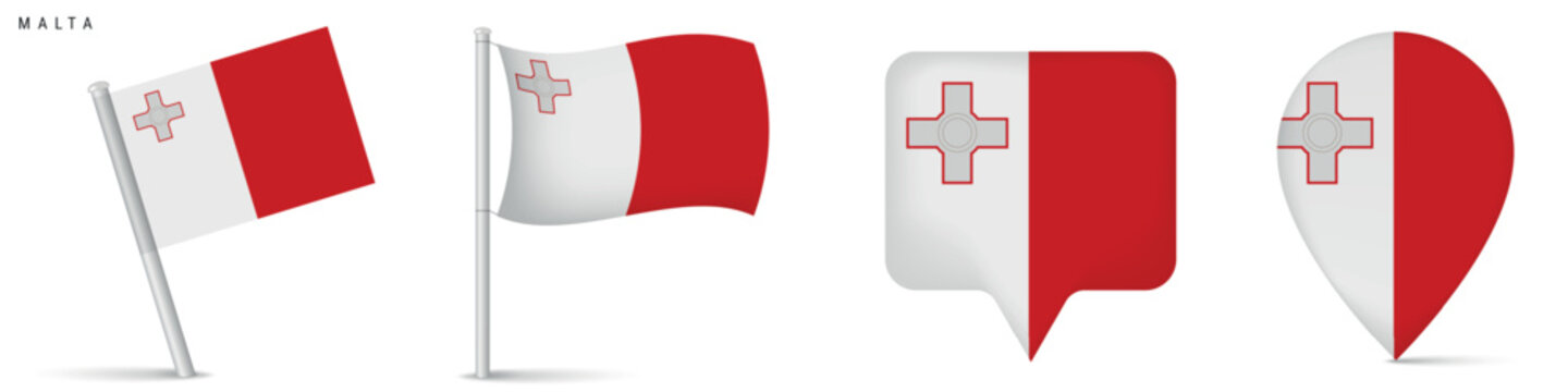 Set of Malta national flag icons including waving flag and location map pins. Clean isolated design for travel, geography, navigation and Mediterranean country themes.